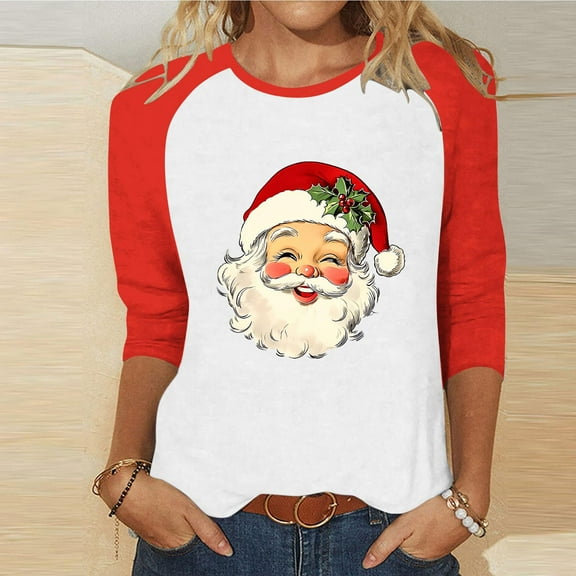 HOMBOM Shirts for Women Plus Size Festive Raglan Christmas Snowman Red 3/4 Sleeve Holiday Females Tee Shirts
