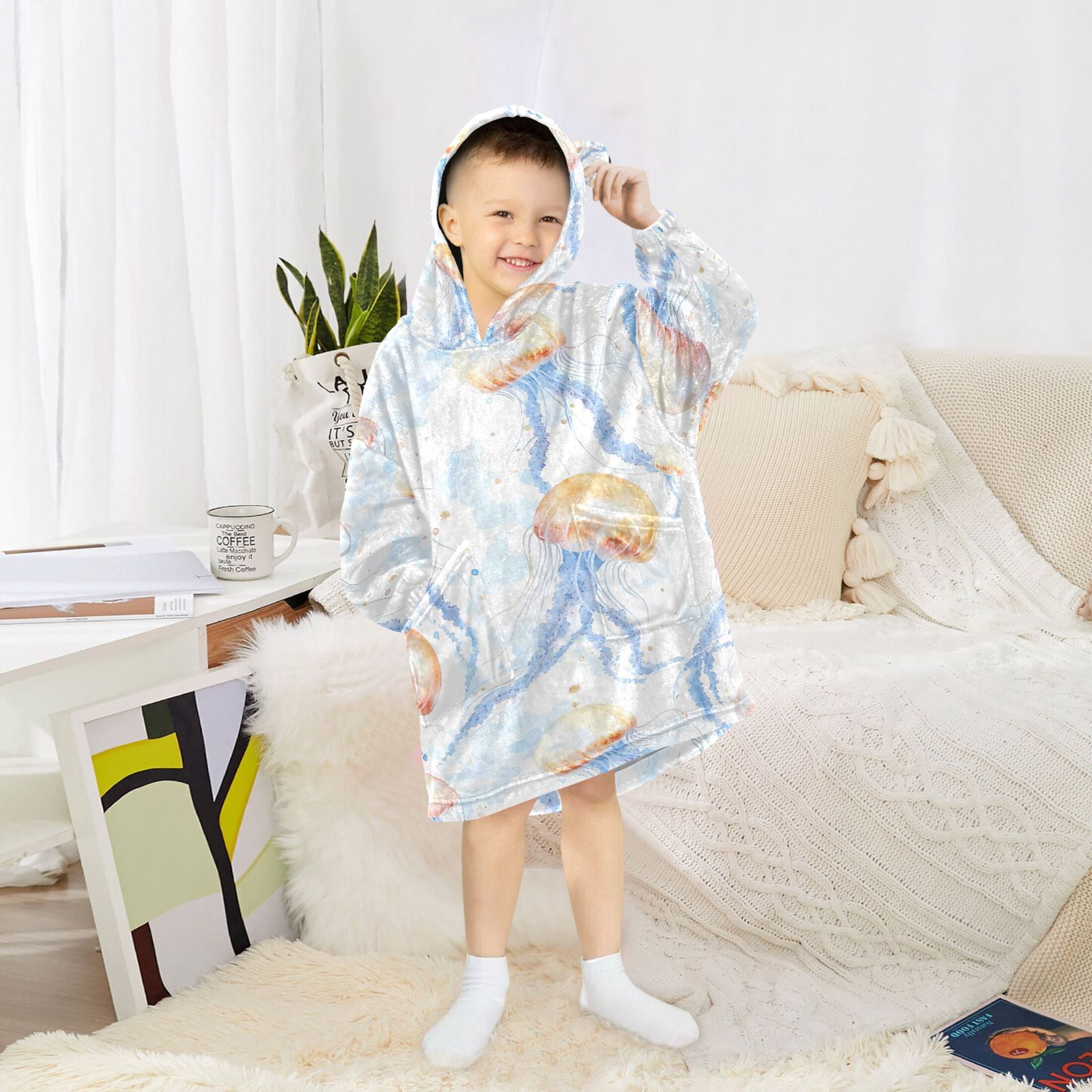 joogoo Blanket Hoodie for Watercolor Jellyfish Pattern Oversize Sweatshirt 3-14 YR L