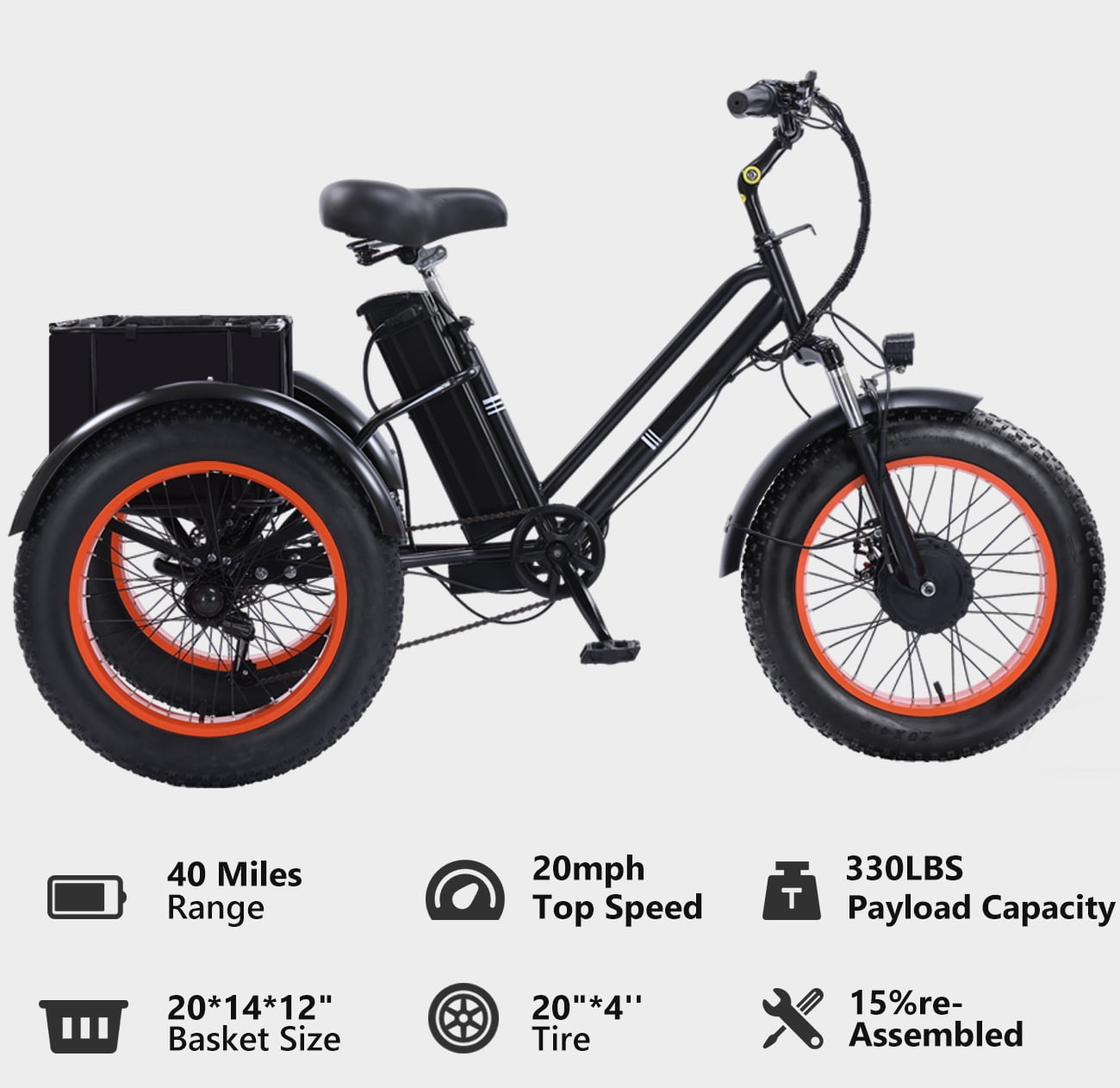 BROOBY Electric Tricycle for Adults, 500W Motor 1000W Peak 3 Wheel Electric Trike with 48V 15Ah Removable Battery, Up to 40 Miles, 20" x 4.0 Fat Tires, Large Rear Basket, 440 lb Capacity, UL2849,