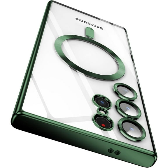 Dteck Clear for Samsung Galaxy S24 Ultra Mag Safe Case with Camera Lens Protector,Strong Magnetic Case for S24 Ultra,Full Protection Plating Anti-Scratch Slim Thin Case Cover,Green