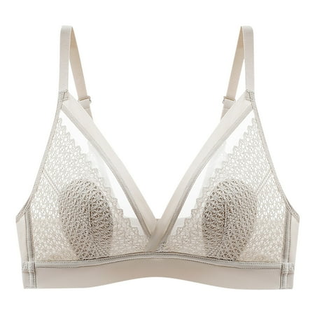 

BIZIZA Womens Padded Bralette Seamless Lace Everyday Wireless Comfort V Neck Bra Beige 32