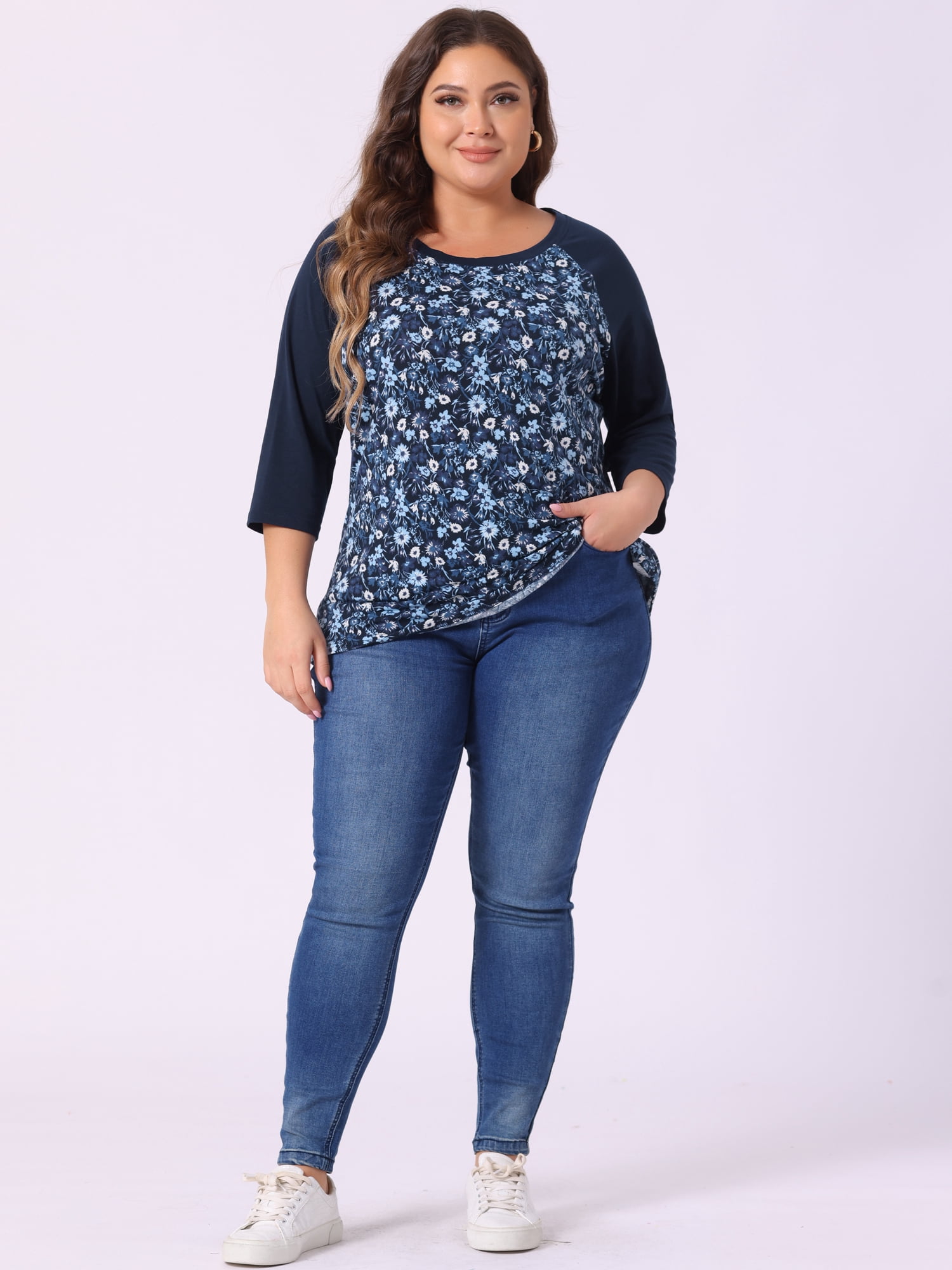 DARING DIVA Women's Plus Size Raglan Crewneck 3/4 Sleeve Floral Tunic Tee 3X Dark Blue