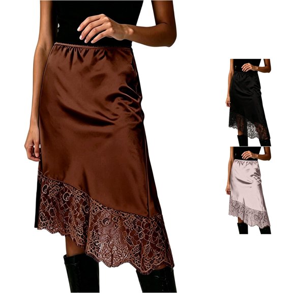 Jane Wardrobe Elastic Waist Satin Asymmetrical Midi Skirt Women Floral Lace Hem Layered Glossy Acetate Skirt 1PC S-L Plus Size Friendly