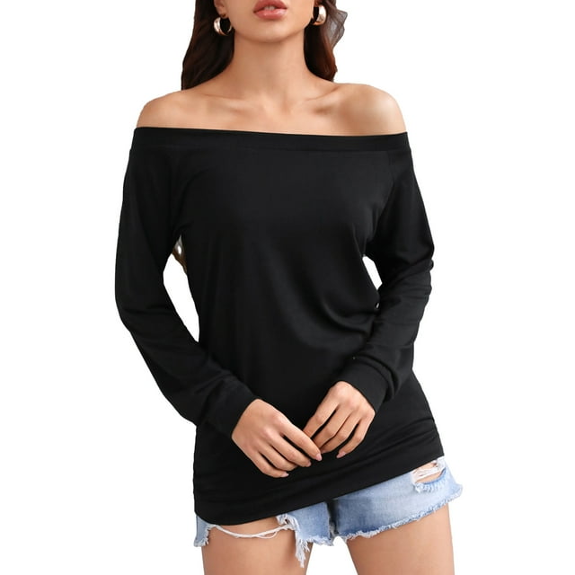 Blusa Hombros Descubiertos Manga Larga Ticfox Color Puro Cuello De Una Línea Tops Casuales De Moda para Mujer Negro XL