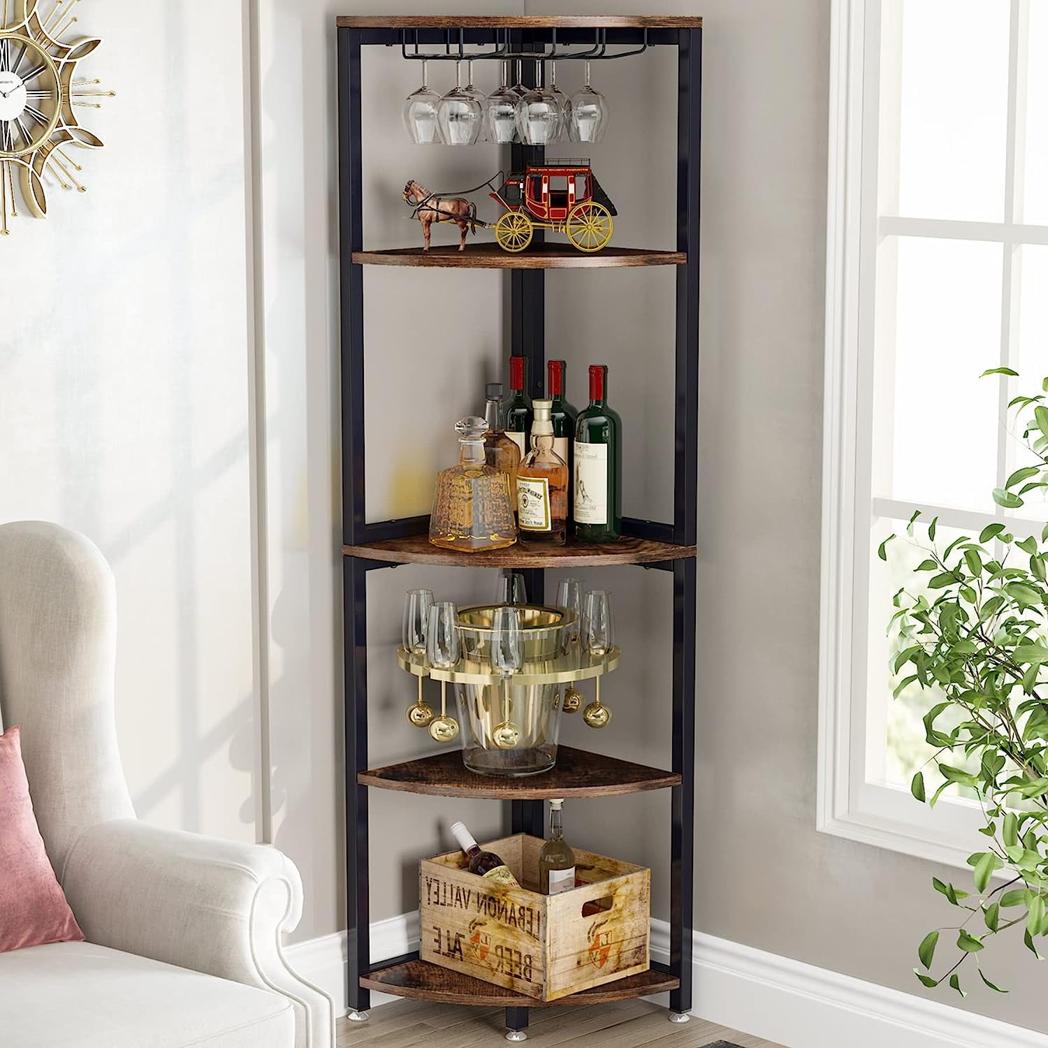 Tribesigns 5 Tier Corner Shelf, Small Bookcase with Wine Glass Holder