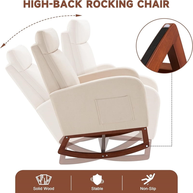 Someet Nursery Rocking Chair with Footrest,Linen Material Rocker Armchair with High Backrest and Pillow for Bedroom Living Room,Beige