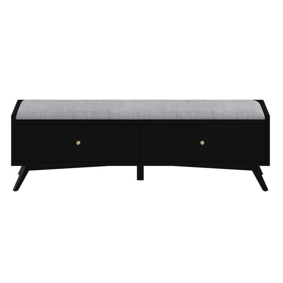 59" Gray And Black Upholstered Polyester Blend Solid Wood Bench With Drawers