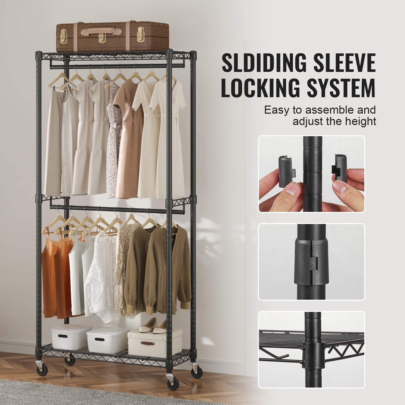 VEVOR Clothes Rack 300 lbs Double Hanging Garment Rack with Wheels Heavy Duty Rolling Clothing Garment Rack 36in W x 17.7in D x 80.3in H Black