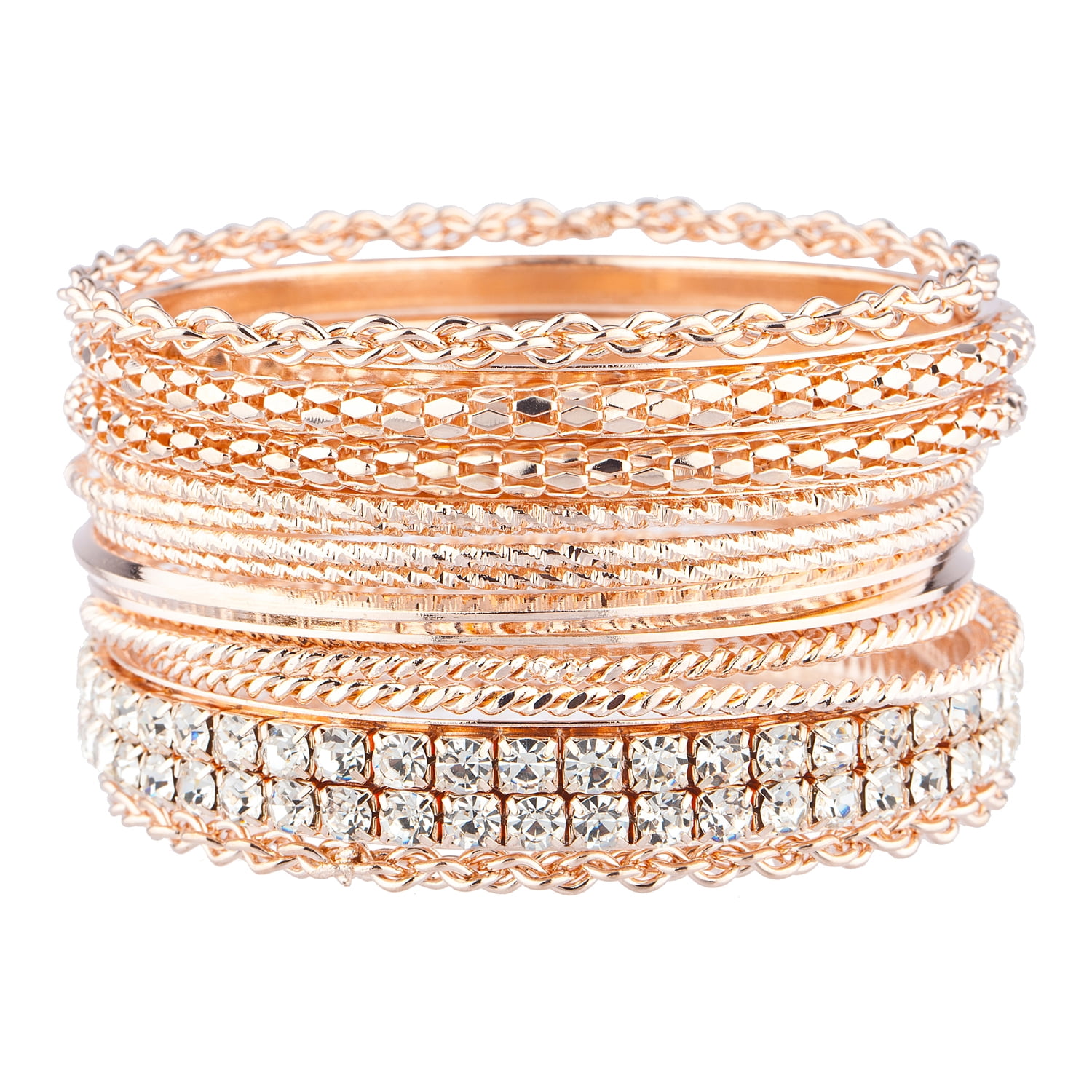 Lux Accessories Rose GoldTone Mesh Chain Faux Rhinestone Bangle Bracelet Set 13P