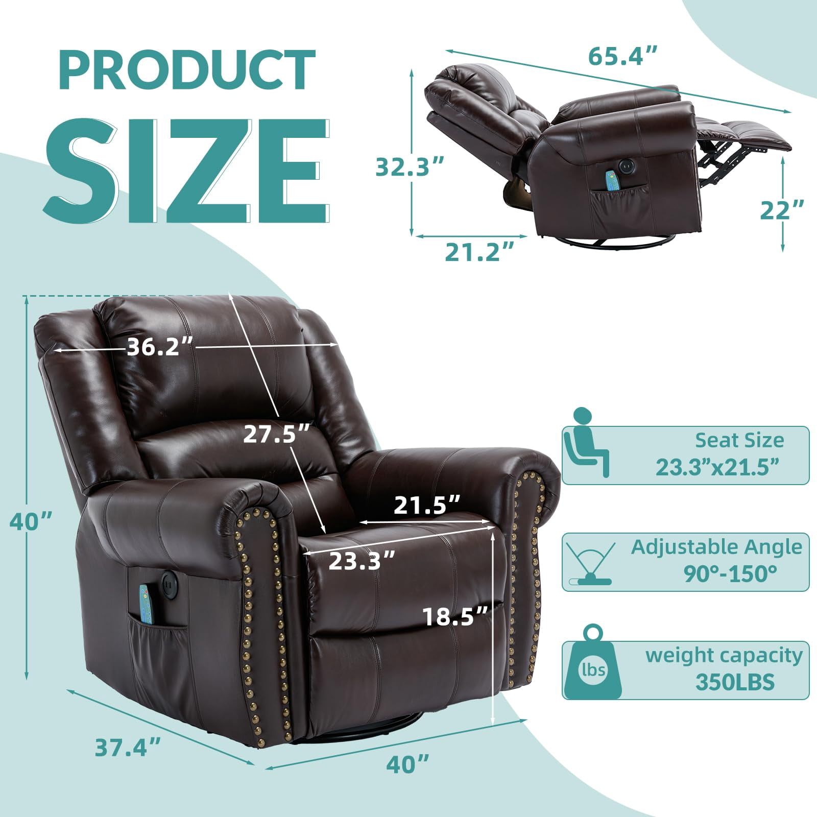 MEETWARM Massage Swivel Rocker Recliner with Heat and Vibration, Manual Glider Rocking Recliner Chair, 360°Swivel Lounge Reclining Chair with Remote Control/USB Ports for Living Room(Dark Brown)