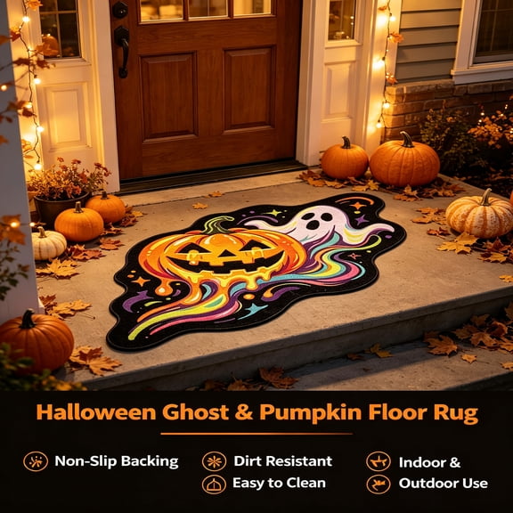 Halloween Ghost Pumpkin Door Mat 32x32 Inch - Irregular Shape Non-Slip Floor Rug with Cute Spooky Design, Durable Indoor Outdoor Entryway Decor