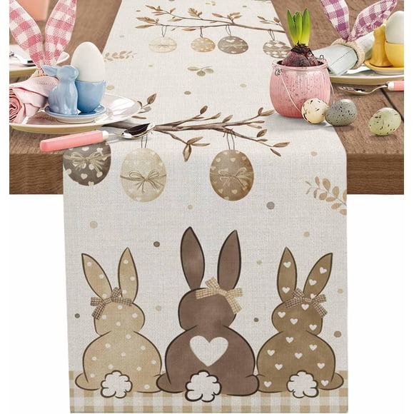 Easter Eggs Spring Bunny Tail Table Runners 72inches Long, Washable Table Runner Cloth for Kitchen Dining, Wedding, Party, Coffee, Outdoor Use, Khaki Buffalo Plaid Tabletop Decoration