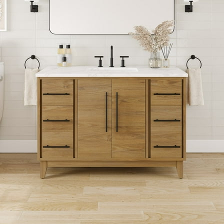 Eviva Graham 48"W x 22"D Oak Bathroom Vanity with White Arabescato Engineered Stone Countertop and Undermount Ceramic Sink