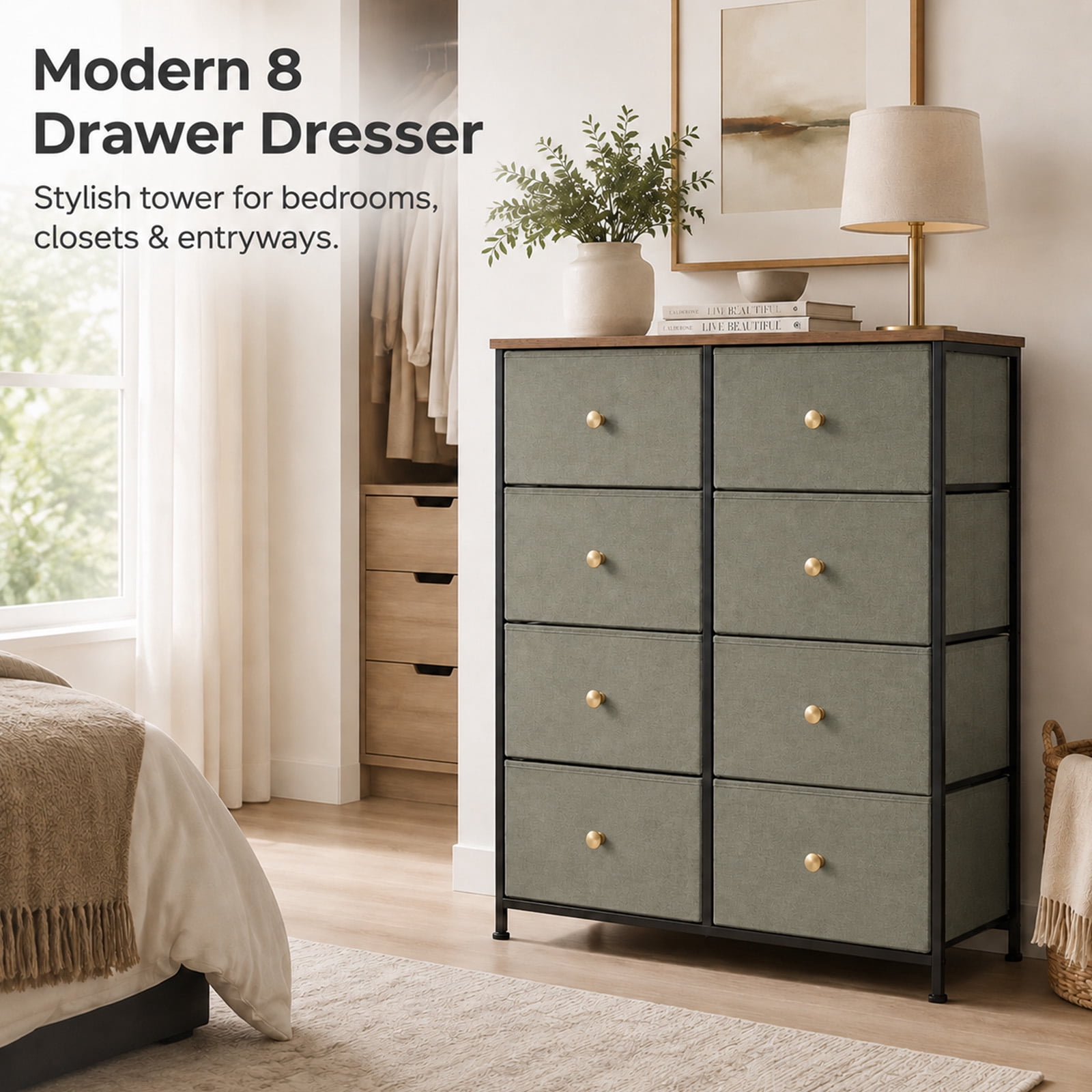 Alvantor 8 Drawer Fabric Dresser, Storage Tower for Bedroom and Closet, Chest of Drawers with Sturdy Steel Frame & Wooden Top for Living Room, Entryway