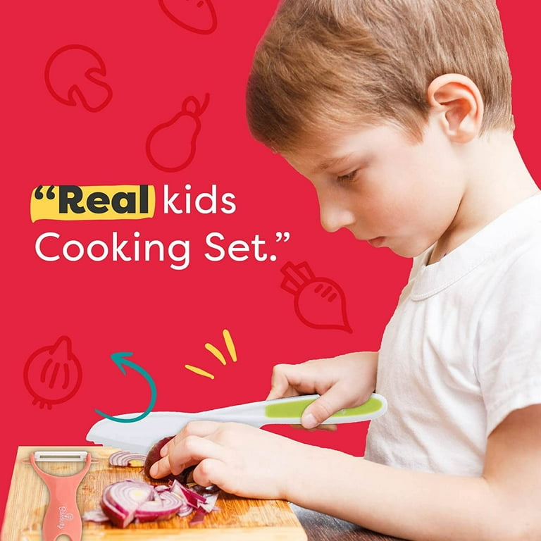Baketivity Kids Cooking Set Real Utensils With Kitchen Tool Guide -  Complete Junior Cooking Set Gift With Mixing Bowls, Cutting Board, Knife,  Apron
