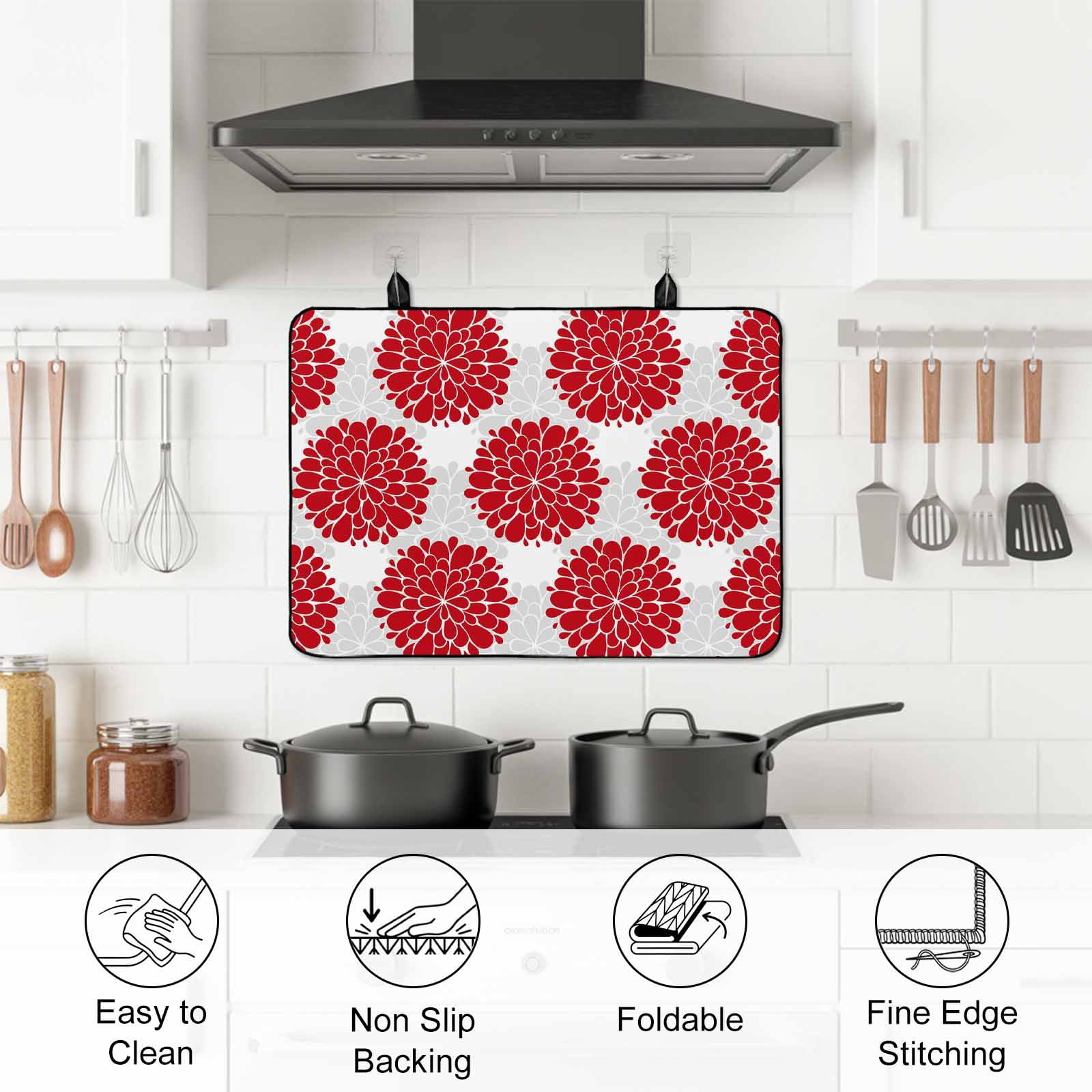 Red Dahlia Stove Top Cover for Electric Stove, Heat-proof & Non Slip Glass Top Stove Cover Protector, Vintage Country Grey Abstract Flowers Floral Kitchen Flat Cooktop Rubber Mat 36x21 Inches