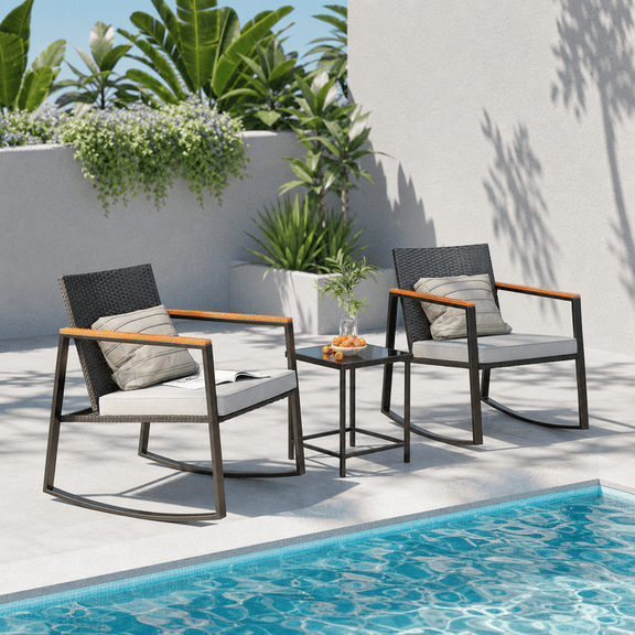 Aiho Patio Furniture Set for 2, 3 Pieces Patio Comversation Set with Outdoor Rocking Chairs, Rattan Loveseat,Glass Bistro Coffee Table,Removable Cushion for Backyard Balcony Lawn Pool - Gray