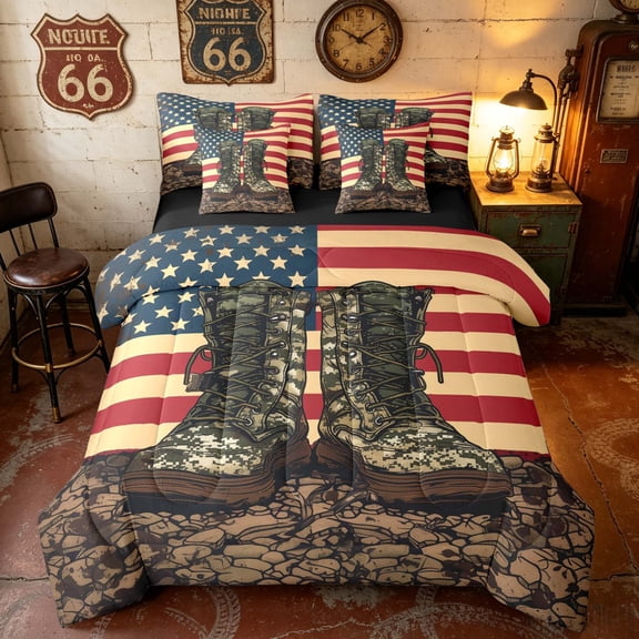 Manfei Retro Camo Boot Twin Bedding, Vintage US Flag Bedding Comforter Set, Red White Blue, Black Reversible 7 Pieces