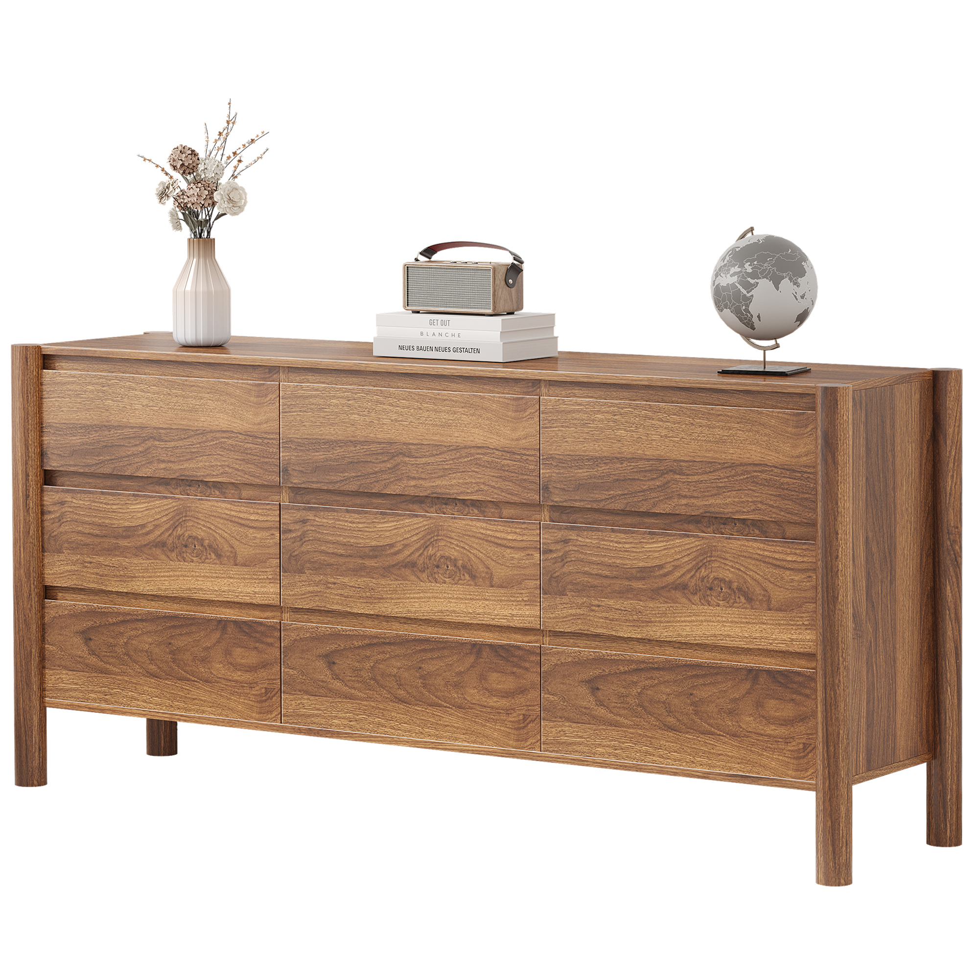 HOUROM Dresser for Bedroom,9-Drawers,63" Wide Farmhouse Large Dressers & Chest,4 Solid Wood Legs,TV Stand, Storage Organizer Furniture for Bedroom(Brown)