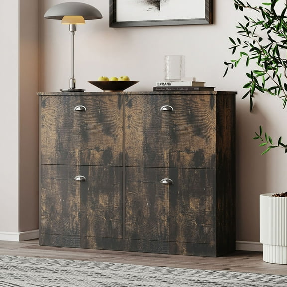 Hidden Slim Narrow Shoe Cabinet with 4 Drawers in Original Wood Color for Entryway Foyer Hallway and Bedroom
