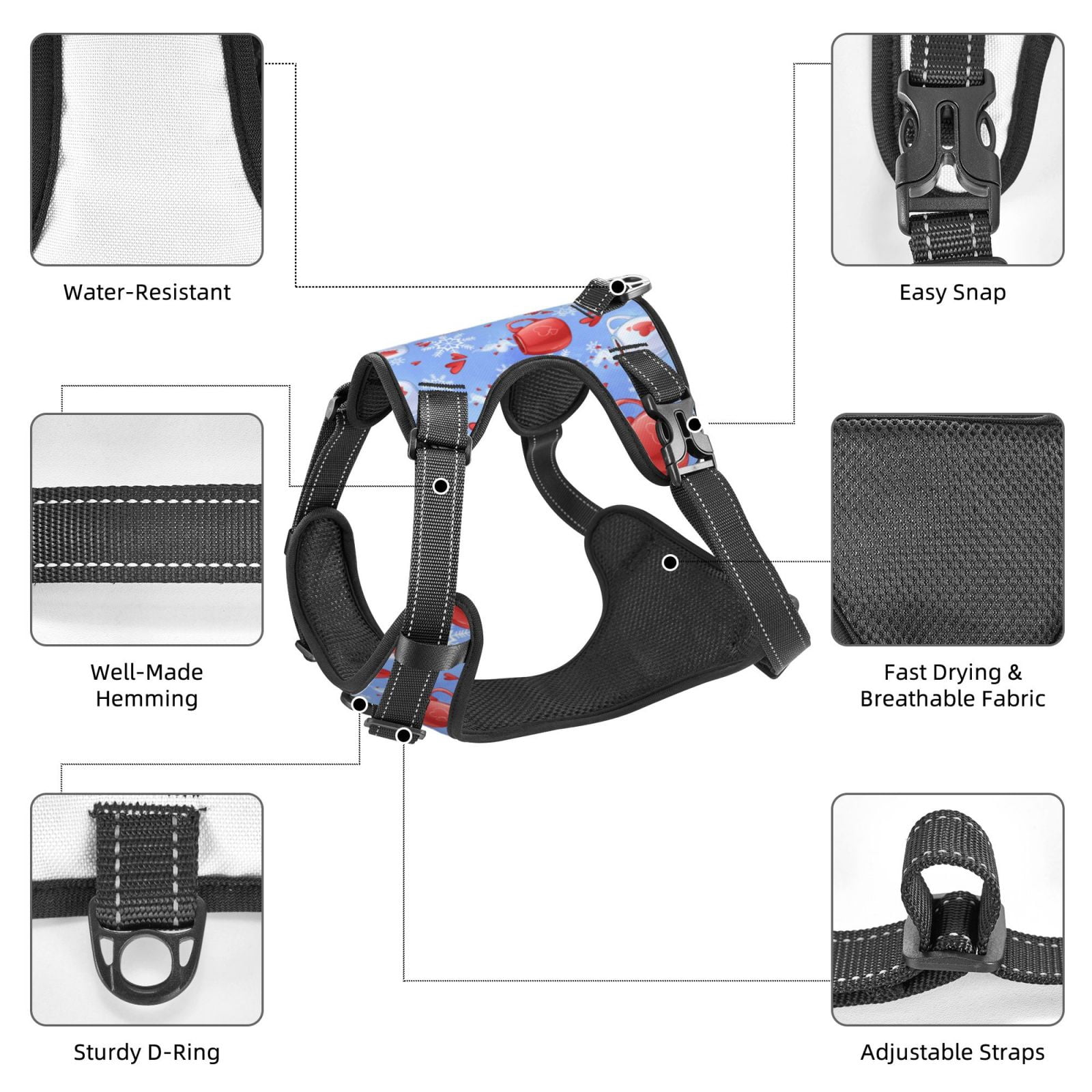 Fuzoiu coffee love cup winter Print Reflective Dog Harness,Adjustable, Breathable Pet Vest,Dog Harness No Pull,No Choke Pet Vest for Small, Medium, and Large Dogs-Small