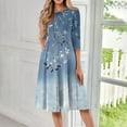 thumbnail image 2 of WTOBBY Women's Trendy Round Neck Floral Print 3/4 Sleeve Midi Dress, Digital Pattern Casual Dress with Comfortable Everyday Wear,Blue L, 2 of 4