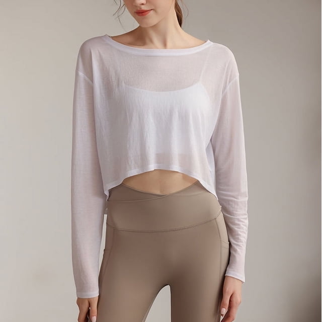 Camiseta de yoga de algodón para mujer, blusa holgada, ajustada, transpirable, para correr, deportes, fitness, manga larga, moda