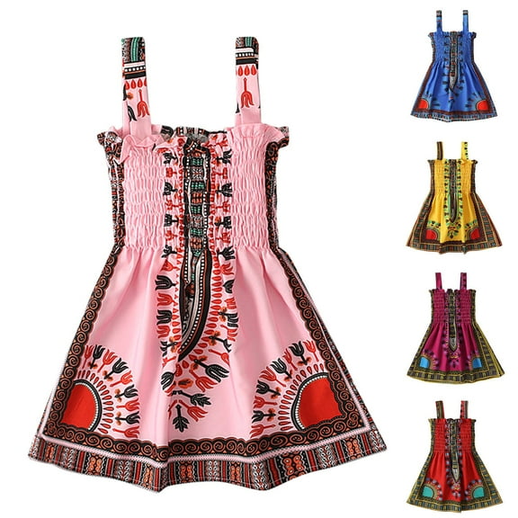Jinhomg Boho Dresses for Toddler Girls Summer Casual Spaghetti Strap Smocked Dresses Kids Retro Ethnic Style Dress 90% off Clearance Sale Red 100