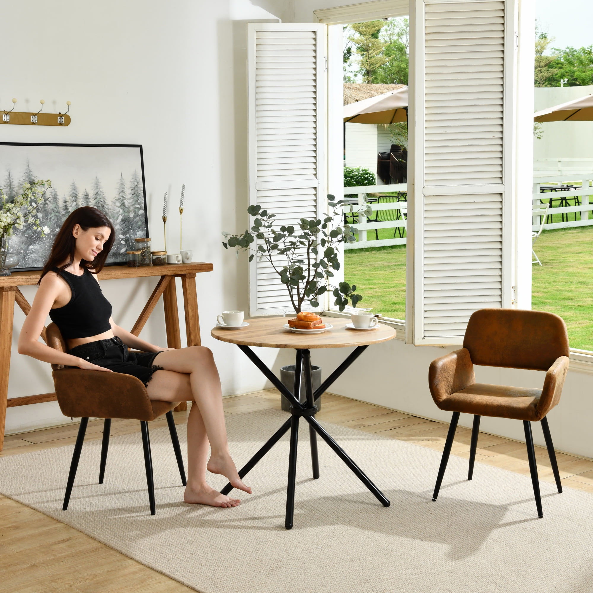 Homy Casa Round Dark Brown Dining Table with 2 Armchairs, Industrial 3-Piece Table Set with Brown Faux Suede Chairs for Small Dining Spaces