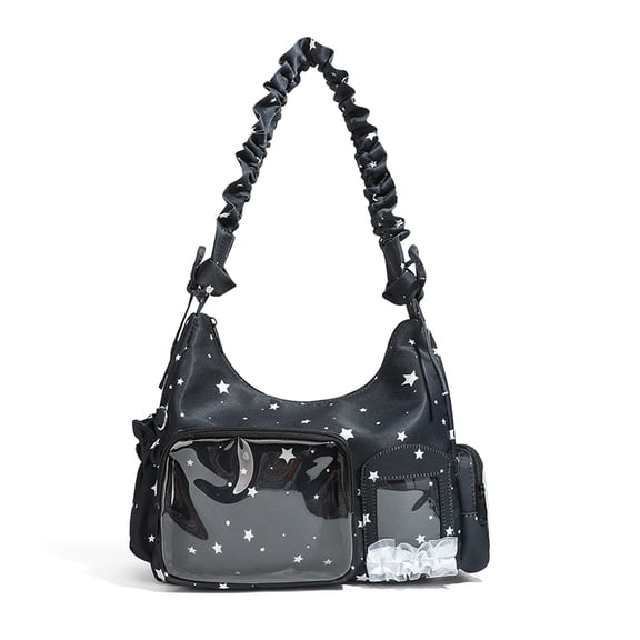 Stars Print Ita Bag Women Hobo Shoulder Bag, Crossbody Tote with Clear Display Window, Kpop Jpop Anime Collectible Handbag for Daily Use