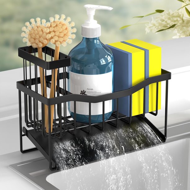 Maifan - Soporte para esponja para fregadero de cocina con soporte para cepillos y bandeja de drenaje automático de acero inoxidable, organizador de fregadero de cocina a prueba de óxido para