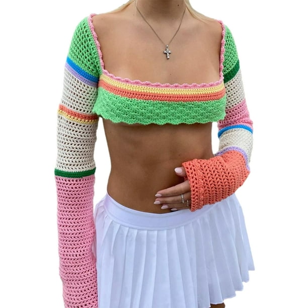 Women 2000s Crochet Crop Tops Long Sleeve Knit Color Block Hollow Out Top  E-Girl Patchwork Shirts 90S Streetwear