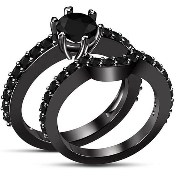 Rag jewels Women's 2.10 Ct Round Cut Black Diamond Engagement Wedding Thanksgiving Christmas Bridal Ring Set 14K Black Gold Plated 925 Sterling Silver -7