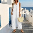 thumbnail image 2 of Womens cotton linen Jumpsuits One Piece Overalls Button Down Sleeveless Wide Legs Rompers Solid Color Casual Daily Jumpsuits with Pockets, 2 of 8
