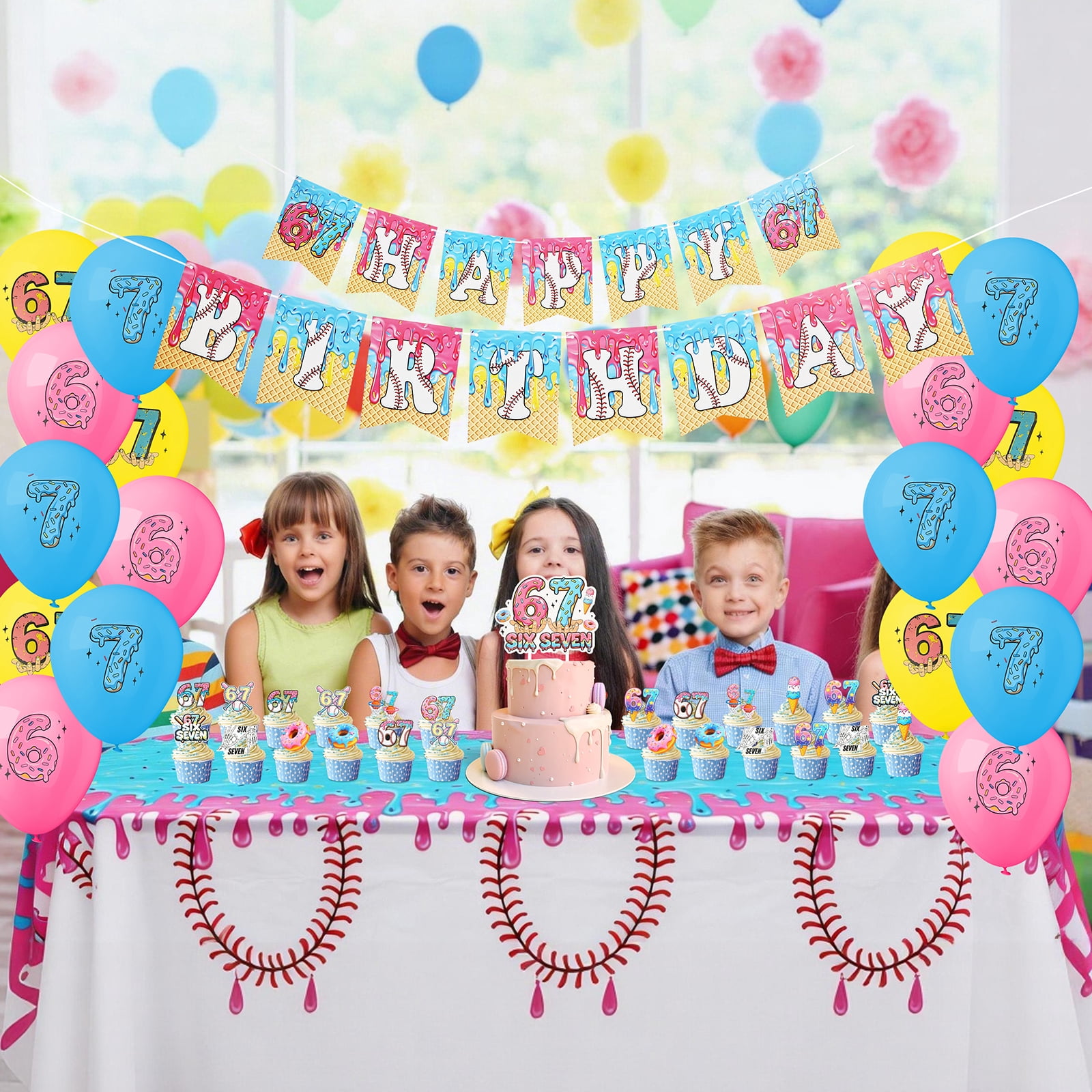 6 7 Birthday Party Decoration Set Reusable 6 7 Happy Birthday Decor Supplies with Balloon Banner Tablecloth Cake Topper for Themed Gathering