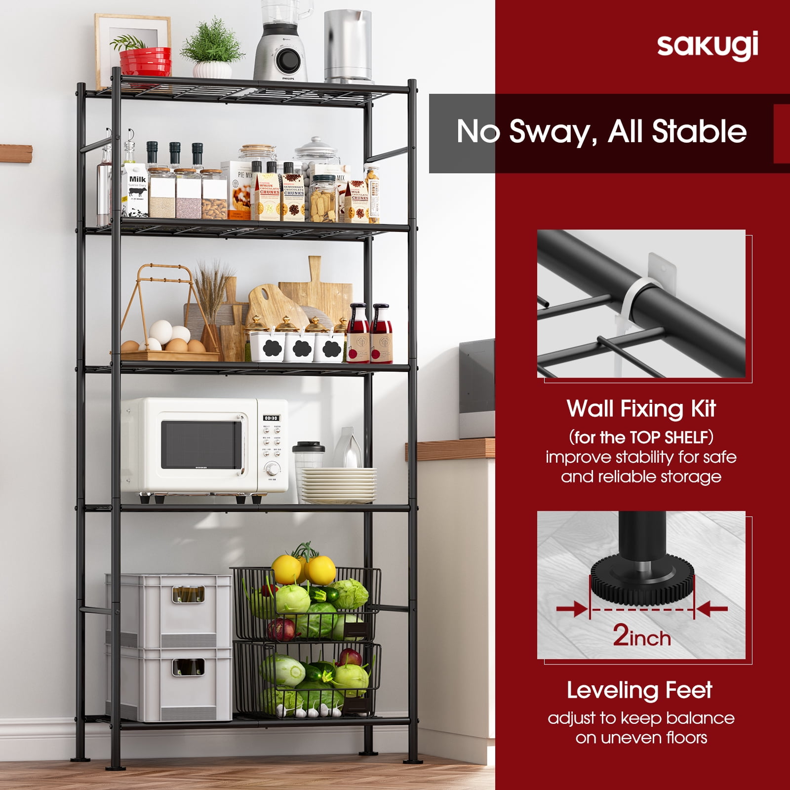 Sakugi Storage Shelves, 5-Tier Heavy-Duty Metal Organizer Rack, Adjustable Garage Shelf with Leveling Feet, Black,  33.1" W x 12" D x 71" H