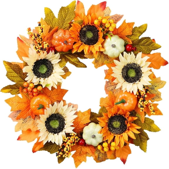 Autumn Maple Pumpkin Sunflower Wreath – 24-Inch Halloween Door Hanging with Festival Vine for Thanksgiving and Fall Home Decor