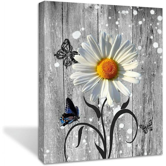Daisy Flower Butterfly Canvas Wall Art -Modern Artwork Prints Daisy wall Decor, Living Room Bathroom Bedroom Office Home Wall Decor -Ready to Hang, 12 x 16 inch, Grey Daisy Flowers