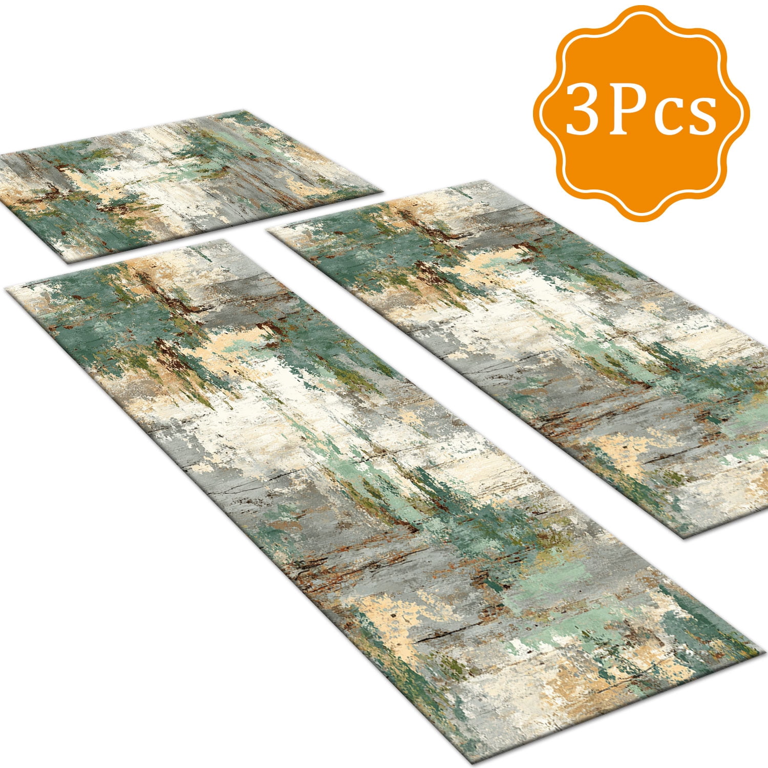 3-Piece Farmhouse Kitchen Rug Set, Washable Anti Slip Striped Floor Mats in 3 Sizes, Stain Resistant Decor Rugs for Kitchen Hallway Bathroom Home Christmas Decor