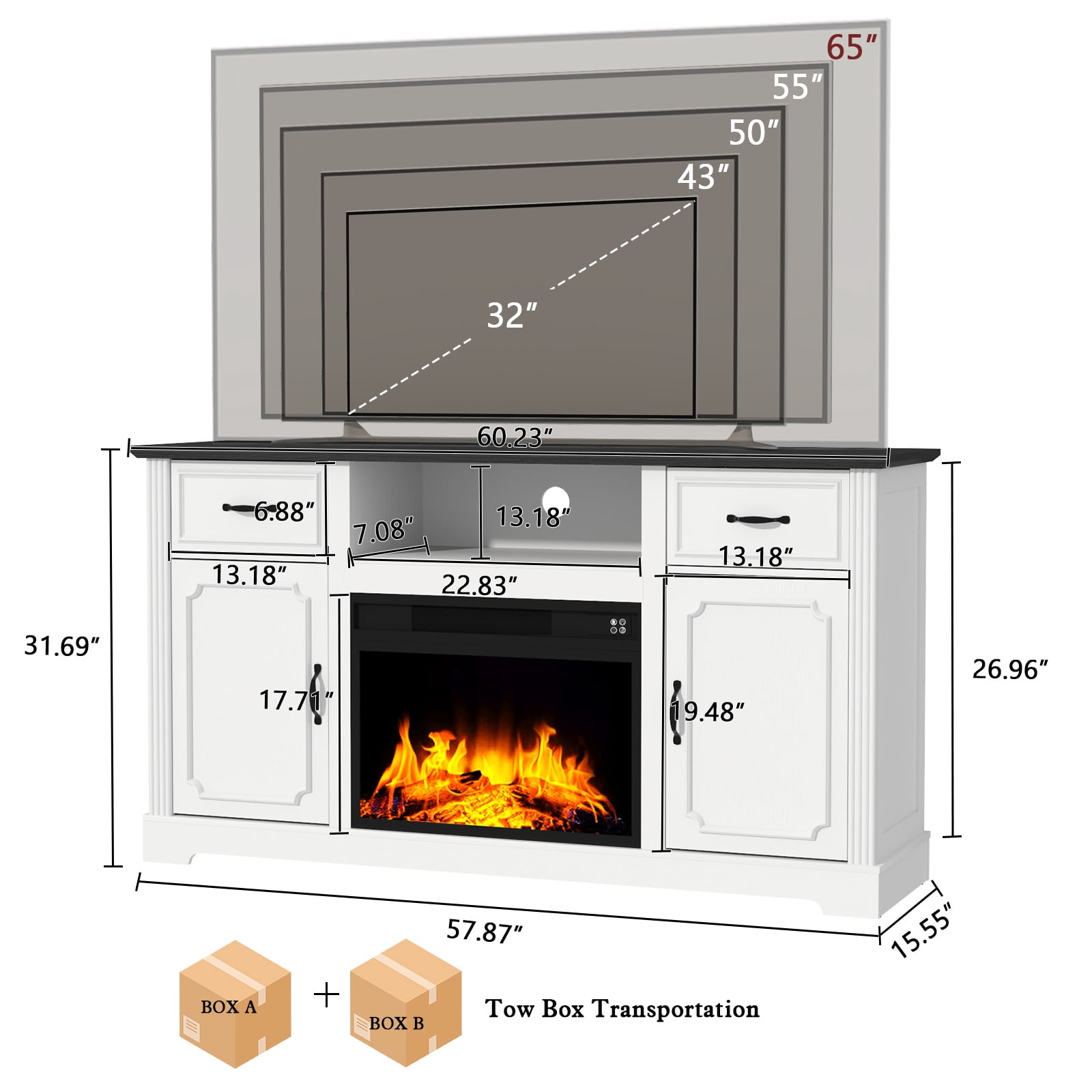 CBJCBJ Medieval TV Stand for TVs up to 65'', Entertainment Center with 22.8'' Electric Fireplace, White
