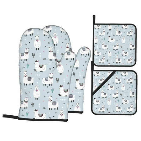 

Oven Mitts and Pot Holders 4 pcs Set Cartoon Cute Alpacas Cactus Heat Resistant Pot Holders Oven Mitts for kitchen Non-Slip Hanging Loop Oven Glove Potholders for Baking Cooking