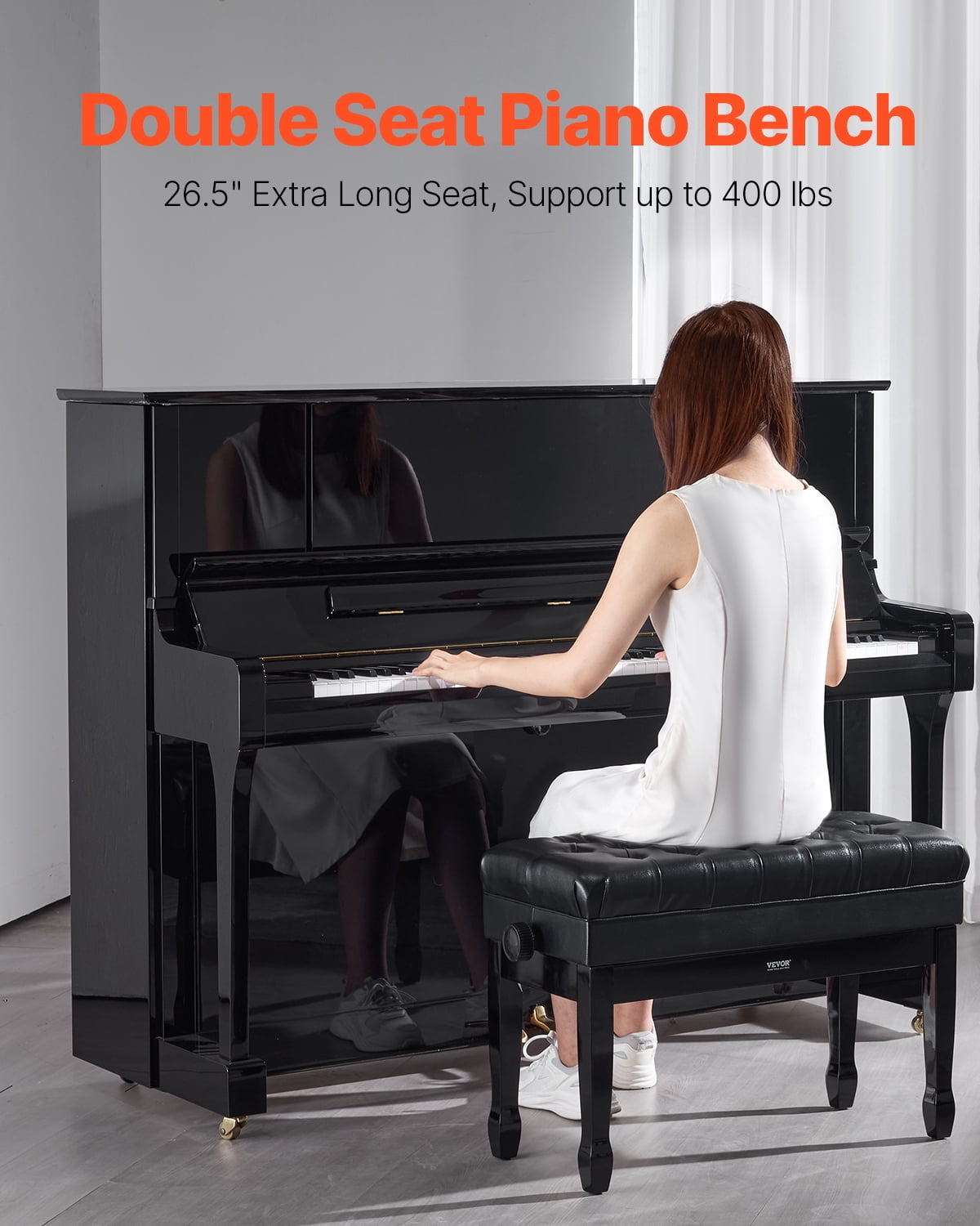 VEVOR Piano Bench, 29.5" x 14" x 20.3", Duet Keyboard Piano Chair with 20.3"-23.4” Adjustable Height, Padded Cushion, Storage Compartment for Music Books, Wooden Piano Stool Seat, for Vanity, Bedroom