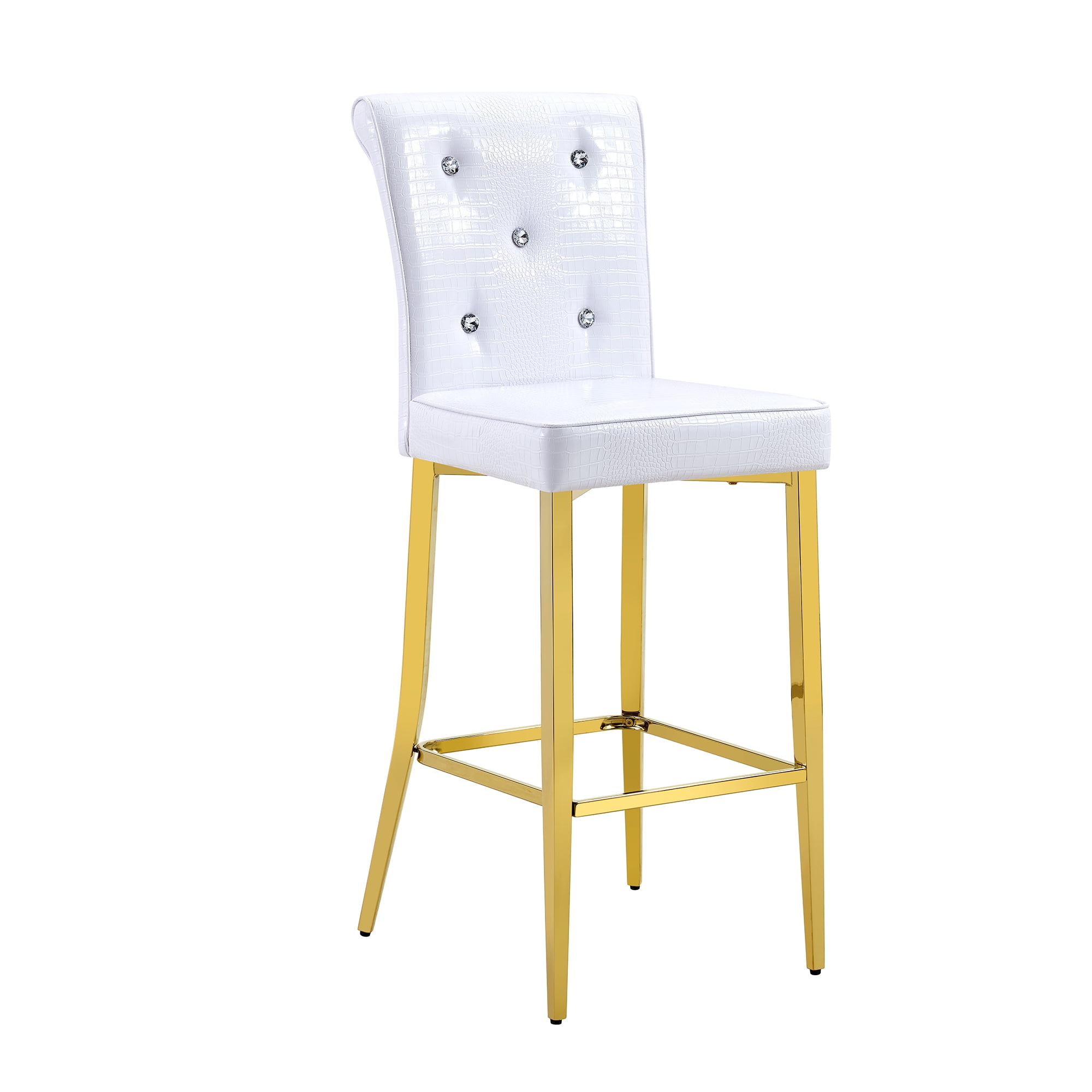 Alvantor Set of 2 White Gold Crocodile Faux Leather Bar Chairs with Crystal Accents