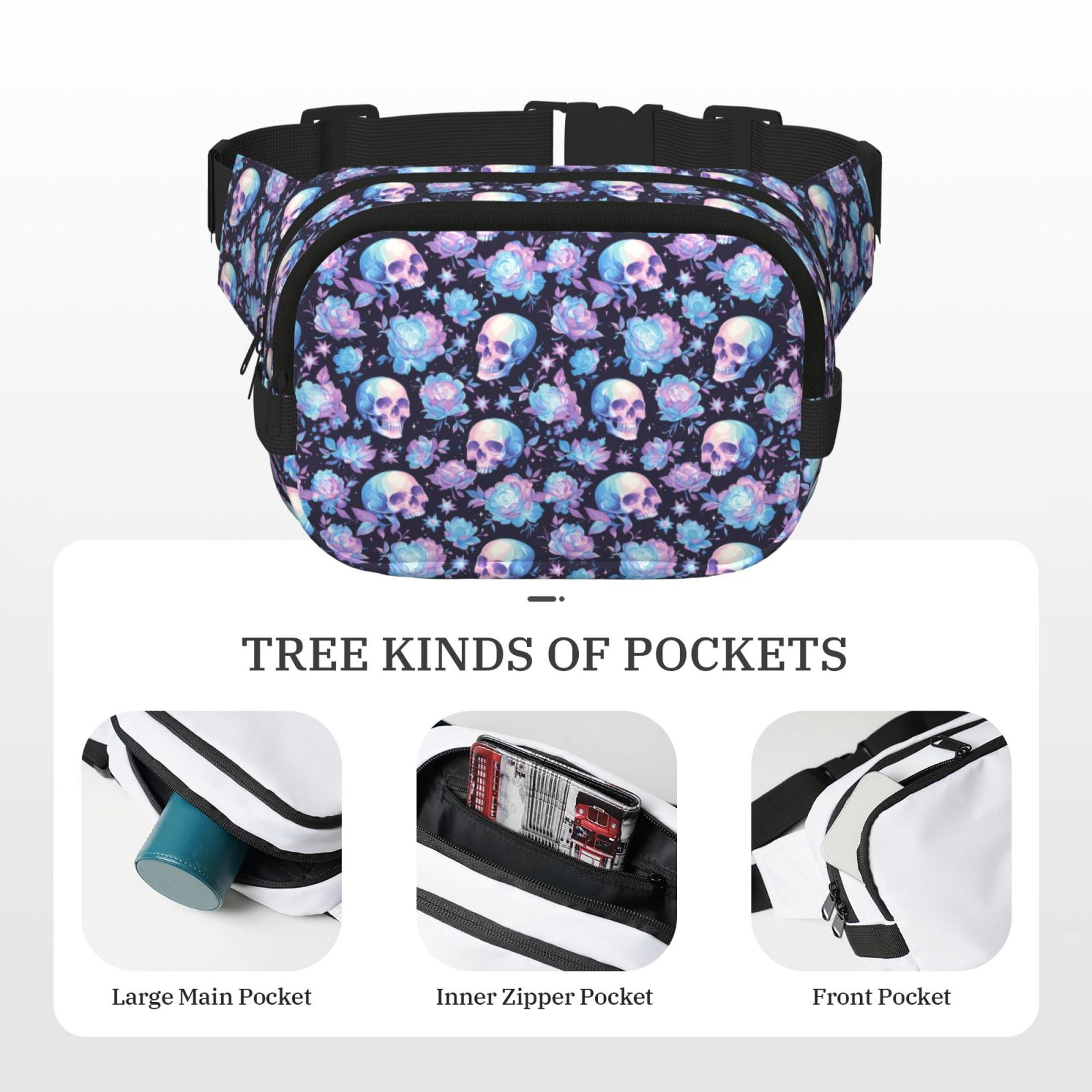 Picia flower Skull in starry sky Print Square Double-Layer Waist Bag Mini Adjustable Waist Belt Bag Exercise Running Travel Hiking