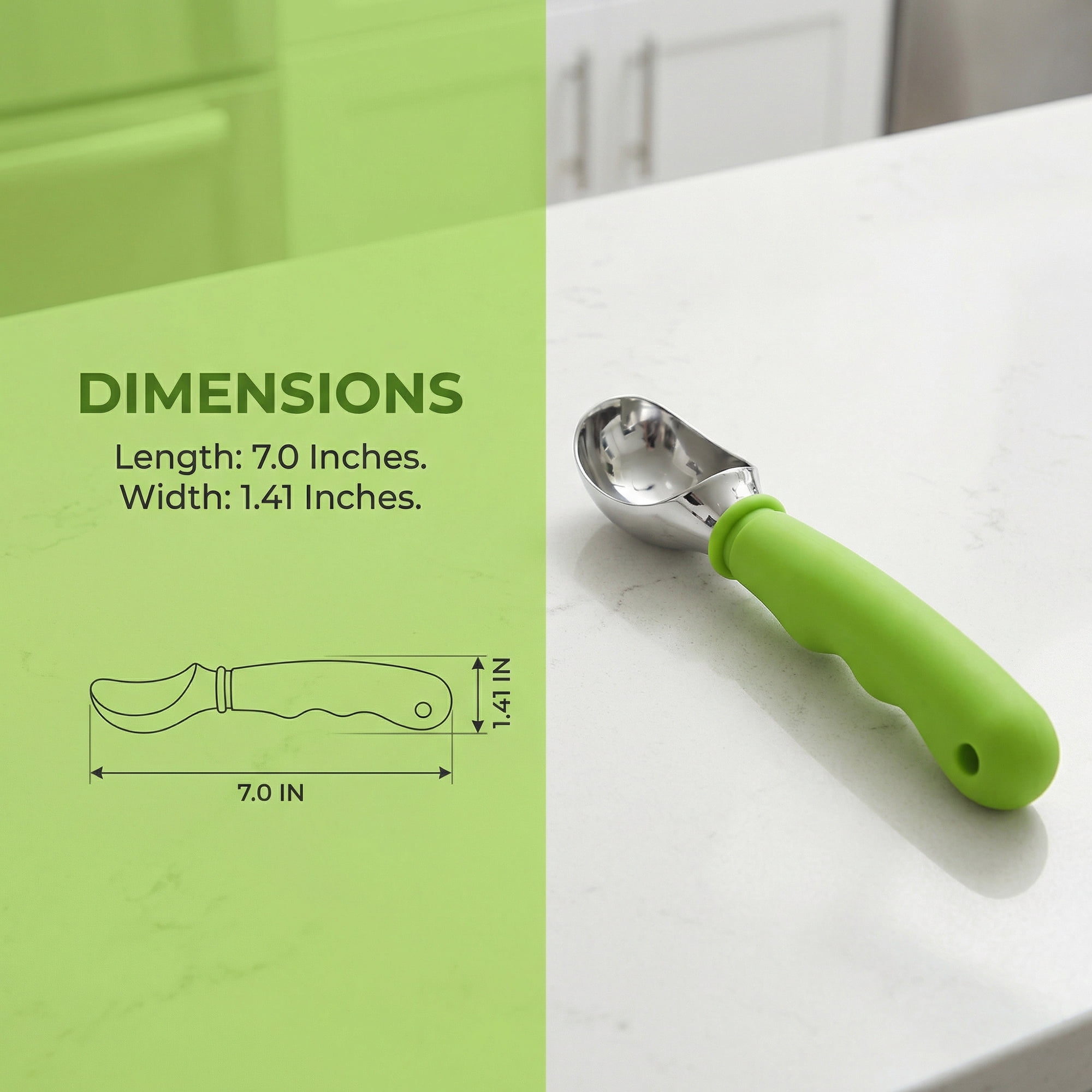 Unique Bargains Good-Quality Stainless Steel Ice Cream Scoop with Handle Green 7in