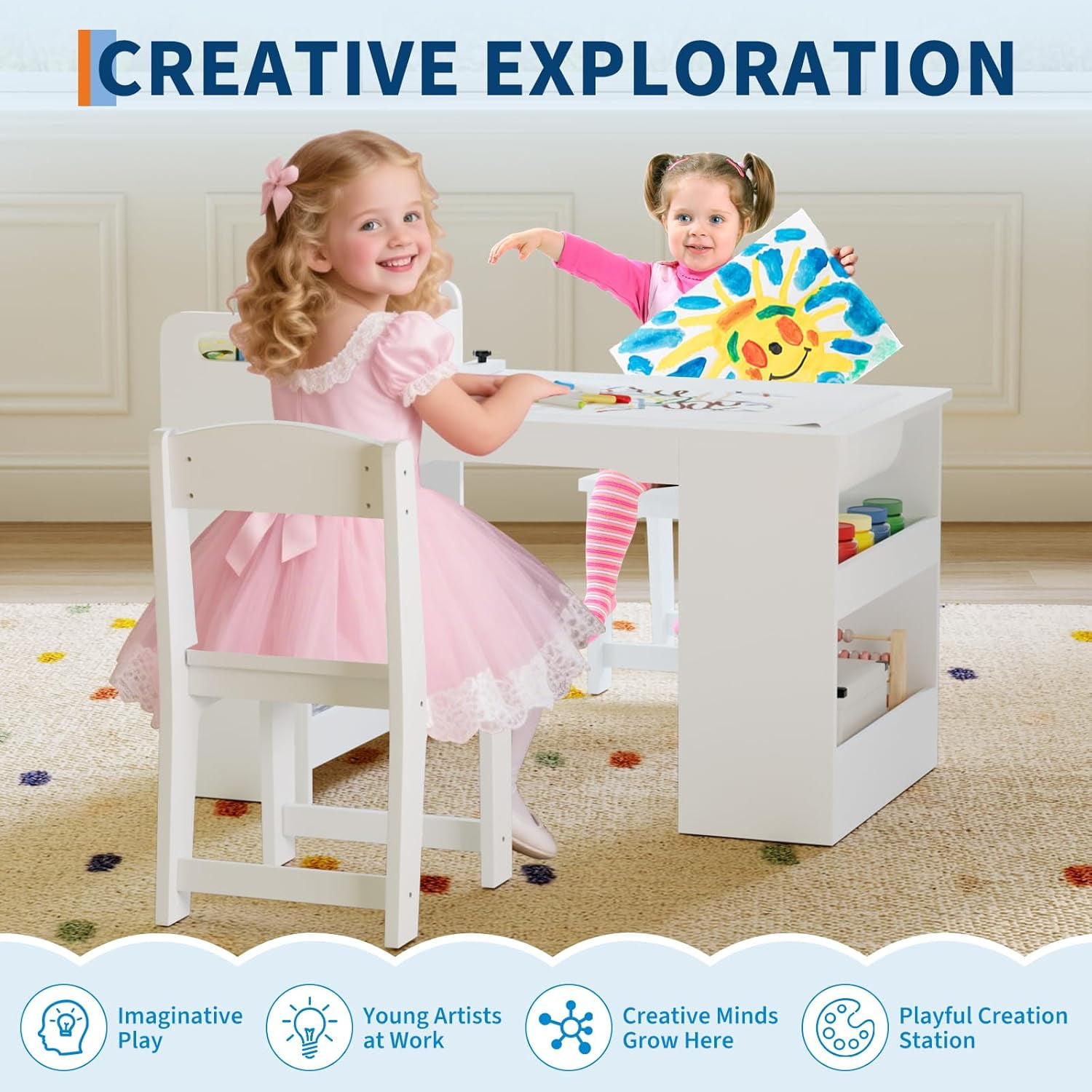 Shininglove Kids Art Table & 2 Chairs Set - 42" Wooden Activity Desk w/Storage Shelves & Paper Roll Dispenser for Toddlers Age 2-10, Daycare Craft Station