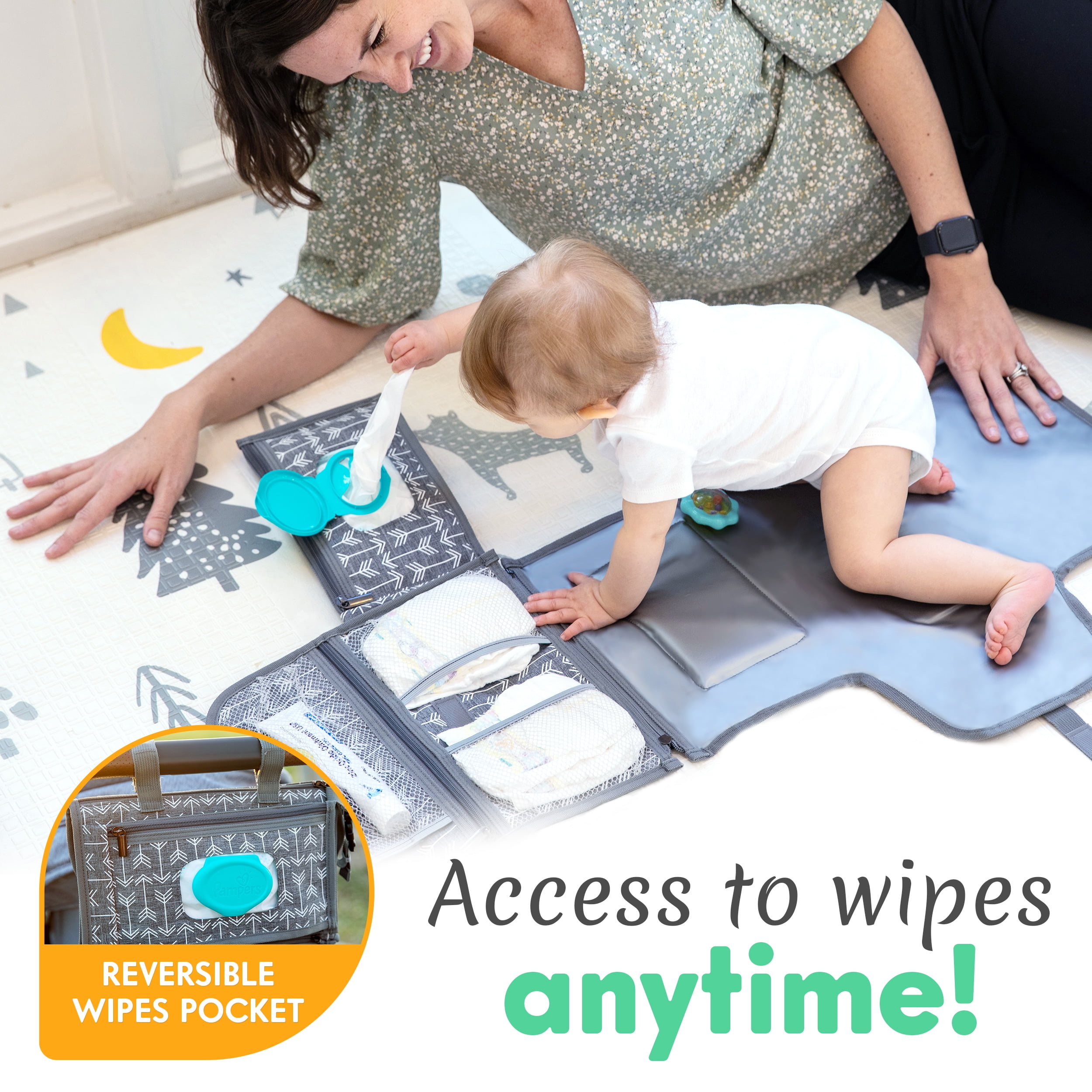 Kopi Baby Portable Diaper Changing Pad Travel Bag with Built-In Pillow, Reversible Wipes Pocket, Foldable Changing Mat, Gray Arrow, Premium