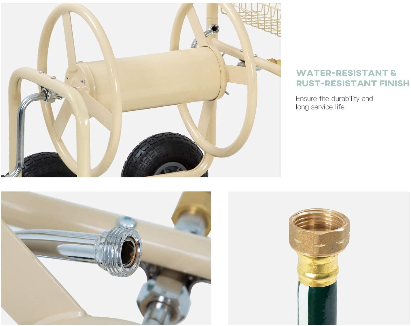 FDW Garden Hose Reel Cart, Water Hose Cart with 4 Wheels, Hold Up to 300 ft of 5/8’’ Hose,Tan