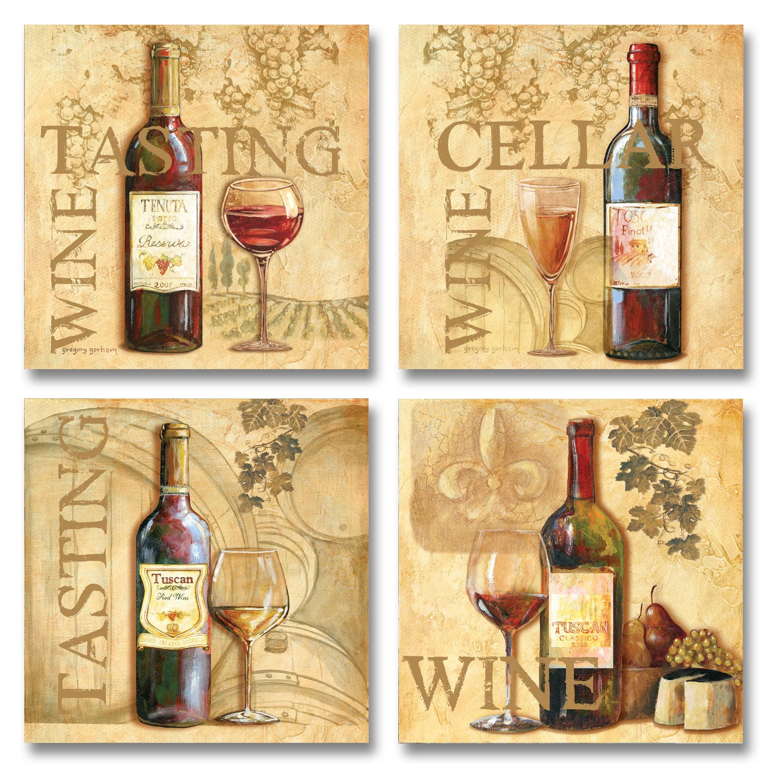 Tasting Notes I Vintage Tuscan Wine Bottle Set; Four 12X12 Poster