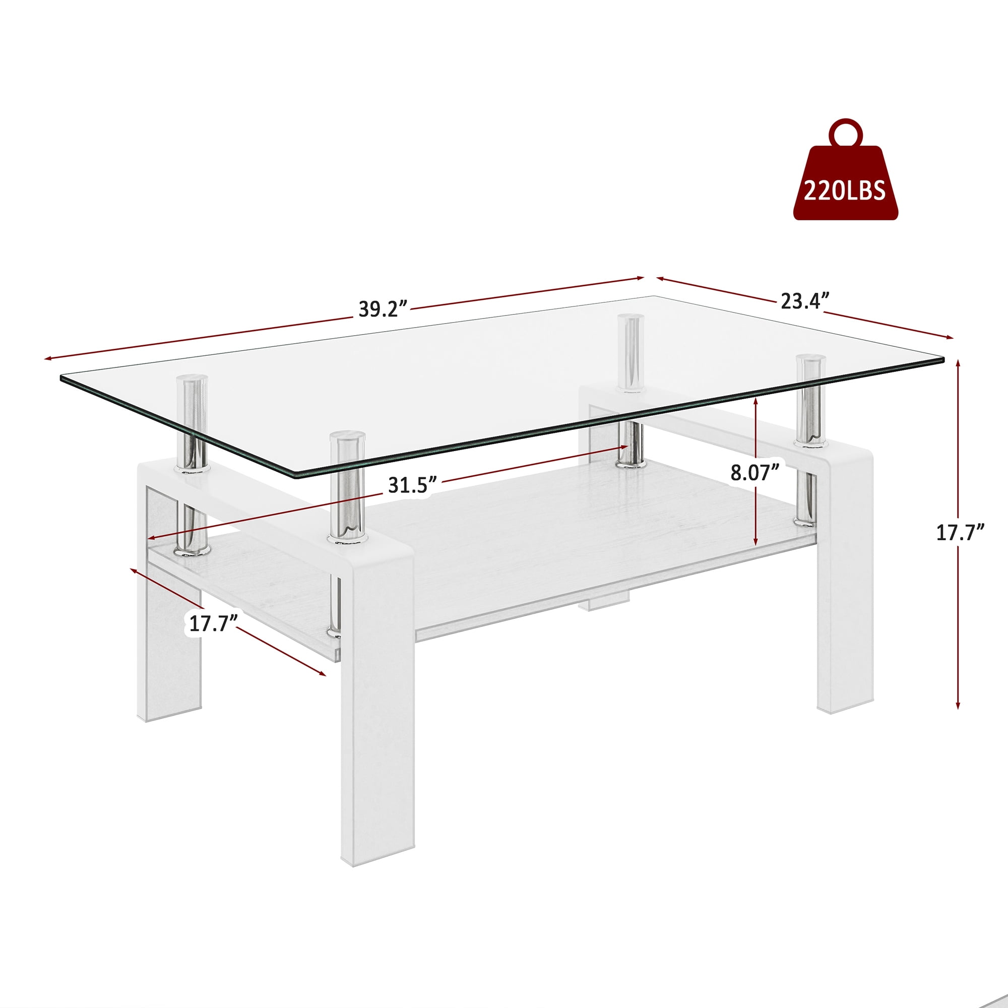 Alvantor Glass Coffee Table, 38.6" Modern Rectangle Tables with Clear Tempered Glass Top and MDF Layer for Living Room White